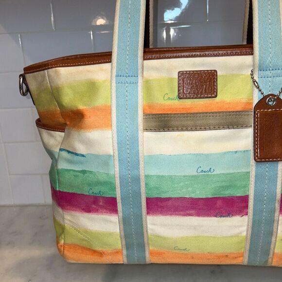 Coach Purse Handbag Hampton Stripe Watercolor Baby or Overnight Weekend Bag Tote - Picture 5 of 16